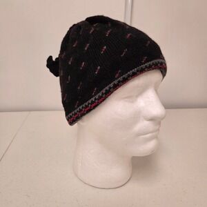 Turtle Fur Black Wool Knit Beanie Hat Fleece Lined Red Grey Tassel Accent